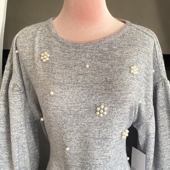 NWT 89th + Madison Artic Blue  Knit Sweater Pearl Embellished 3/4 Ballon Sleeves - Picture 2 of 7